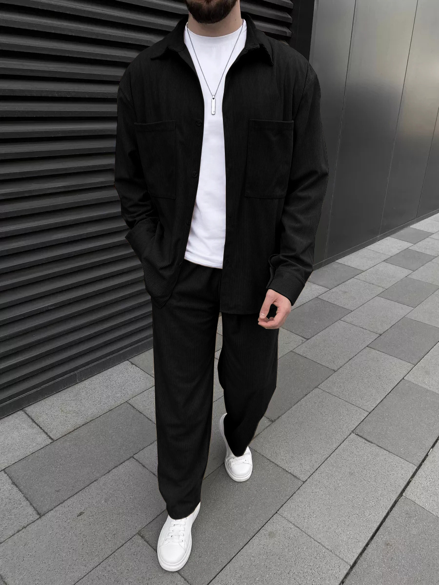 Street Fashion Us - Men's corduroy two-piece outfit: long-sleeved button-down