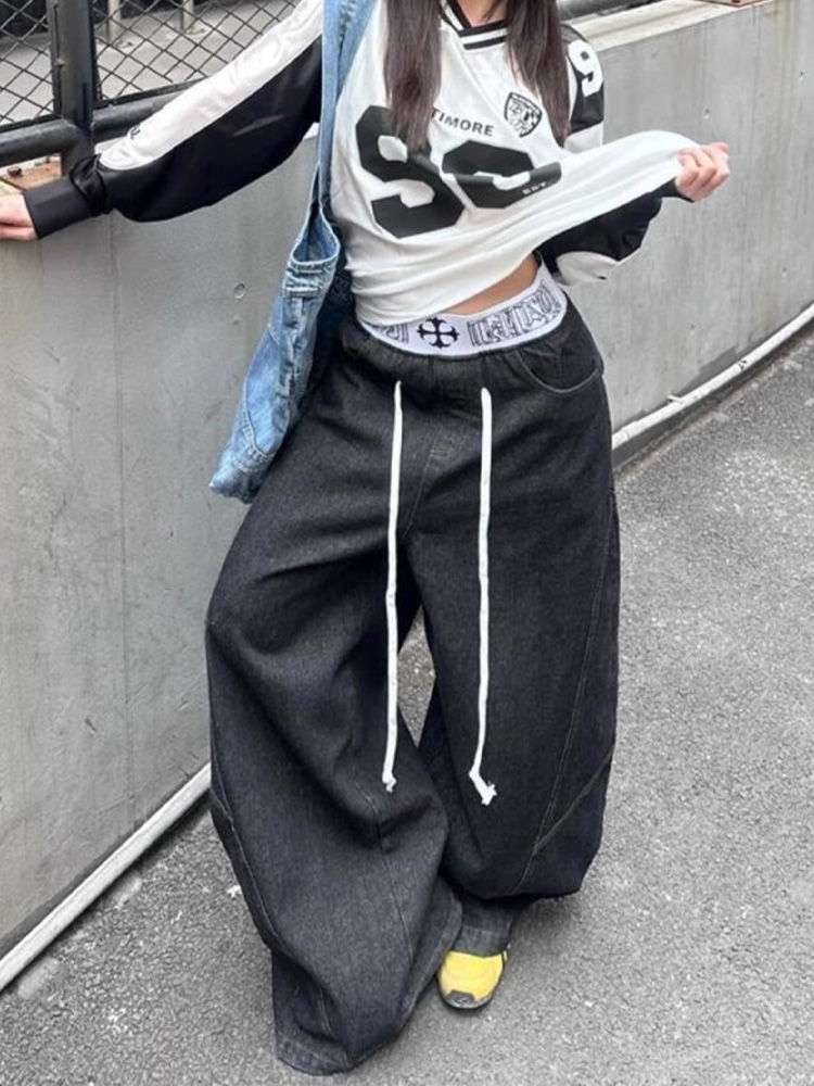 Street Fashion Jeans Men - American retro spliced waist jeans for