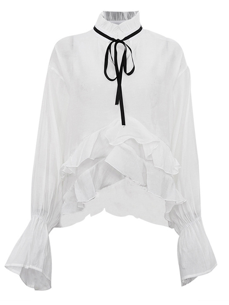 White Ruffle Hem Tie Neck Blou - đánh giá và giá Fashion Street Night