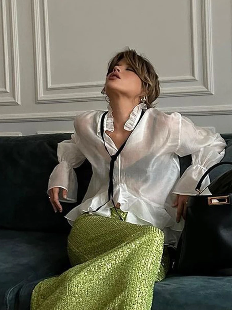 White Ruffle Hem Tie Neck Blou - đánh giá và giá Fashion Street Night